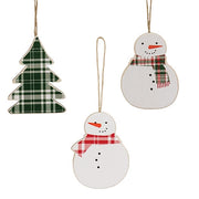 Plaid Christmas Tree & Snowmen Ornaments (Set of 3)