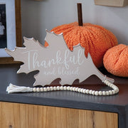 Thankful and Blessed Wooden Leaf Sitter with Beads