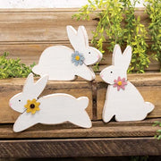 Distressed White Wood Flower Bunny  (3 Count Assortment)