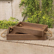 Stained Wood Rectangle Trays with Jute Handles (Set of 2)