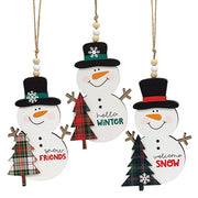 Welcome - Hello - Snow Plaid Christmas Tree Snowman Ornament  (3 Count Assortment)