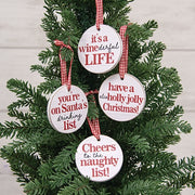 On Santa's Drinking List Round Ornament with Ribbon  (4 Count Assortment)