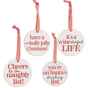 On Santa's Drinking List Round Ornament with Ribbon  (4 Count Assortment)