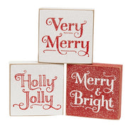 Frosted Very Merry 3" Square Block  (3 Count Assortment)