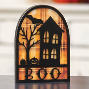 Boo & Spooky House Silhouette Plaid Background Wooden Sitter