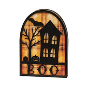Boo & Spooky House Silhouette Plaid Background Wooden Sitter