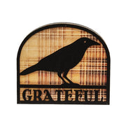 Grateful Crow Silhouette Plaid Background Wooden Sitter