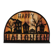 Happy Halloween Spooky Village Plaid Background Sign on Base