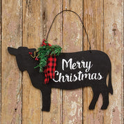Merry Christmas Wooden Cow Sign with Winter Greenery