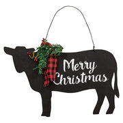 Merry Christmas Wooden Cow Sign with Winter Greenery