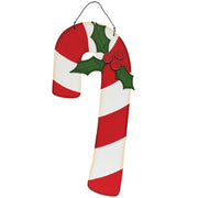 Wooden Candy Cane & Holly Hanger - 18.5"H
