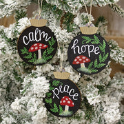 Peace - Calm - Hope Wooden Mushroom Bulb Ornament  (3 Count Assortment)