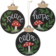 Peace - Calm - Hope Wooden Mushroom Bulb Ornament  (3 Count Assortment)