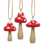 Snowy Red-Capped Wooden Mushroom Ornaments (Set of 3)
