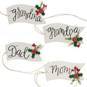 Family Words Wooden Button Holly Banner Gift Tag  (4 Count Assortment)