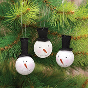 Smiling Wooden Snowman Ornaments with Top Hats (Set of 3)