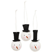 Smiling Wooden Snowman Ornaments with Top Hats (Set of 3)