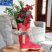 Distressed Red Metal Boot with Burlap Bow & Pine