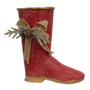 Distressed Red Metal Boot with Burlap Bow & Pine