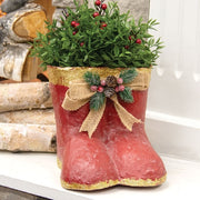 Distressed Red & Gold Painted Metal Santa Boot Pair