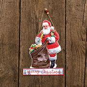 Merry Christmas Vintage Santa & His Sack Distressed Metal Hanger