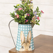 Blue & White Gingham Check Peeking Bunny Metal Pitcher