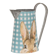 Blue & White Gingham Check Peeking Bunny Metal Pitcher