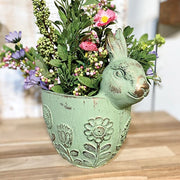 Flower Garden Embossed Distressed Green Cement Bunny Planter
