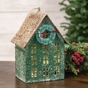 Distressed Green Metal Winter Birdhouse with Wreath
