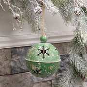 Gleaming Distressed Green Metal Snowflake Jingle Bell - 5" x 7.25