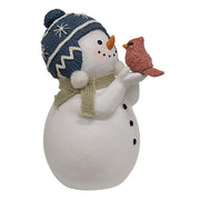 Resin Snowman with Blue Hat Holding Cardinal - 7"H