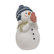Resin Snowman with Blue Hat Holding Cardinal - 7"H
