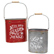 Tis the Season & Let It Snow Distressed Oval Metal Buckets (Set of 2)