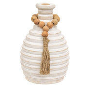 Distressed White Wooden Beaded Athens Vase - 7"H