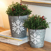 White Washed Snowflake Embossed Metal Buckets (Set of 2)