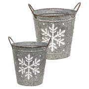 White Washed Snowflake Embossed Metal Buckets (Set of 2)
