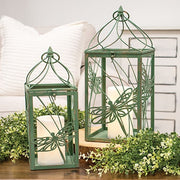 Distressed Green Metal Dragonfly Lanterns (Set of 2)