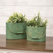 Dragonfly Embossed Distressed Green Metal Oval Buckets (Set of 2)