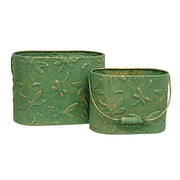 Dragonfly Embossed Distressed Green Metal Oval Buckets (Set of 2)