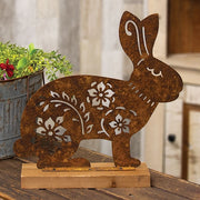 Rusty Metal Flower & Vine Cutout Bunny on Wooden Base