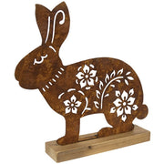 Rusty Metal Flower & Vine Cutout Bunny on Wooden Base