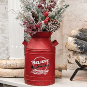 Distressed Red Metal Believe Santa & Reindeer Milk Can