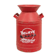 Distressed Red Metal Believe Santa & Reindeer Milk Can