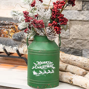 Distressed Green Metal Merry Christmas Santa & Reindeer Milk Can