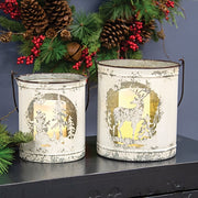 Snowman & Reindeer Distressed Metal Buckets (Set of 2)