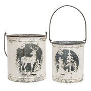 Snowman & Reindeer Distressed Metal Buckets (Set of 2)