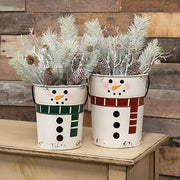 Distressed Metal Snowman Buckets (Set of 2)