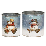 Distressed Metal Snowman Cans (Set of 2)