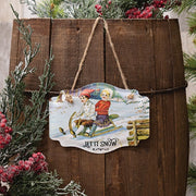 Let It Snow Vintage Sledding Children Embossed Metal Hanger