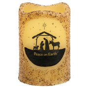 Burnt Ivory Peace on Earth Nativity Timer Pillar - 4"